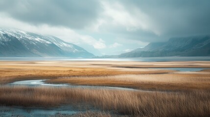 Serene landscape with golden reeds in the foreground, a tranquil lake in the middle, and misty mountains in the background under a moody sky.