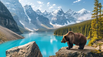 Wild brown bear overlooking a stunning turquoise lake surrounded by majestic snow-capped mountains and lush green forest.