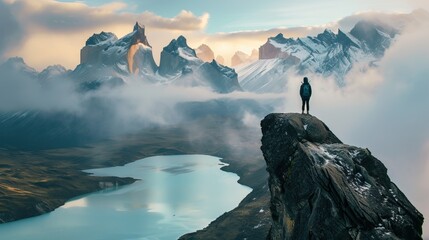 Solitary figure on a cliff overlooking a misty mountainous landscape with a serene lake at sunset.