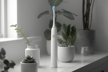 Electric toothbrush stand in a tranquil setting with green plants and soft daylight