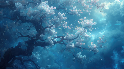 Obraz premium a landscape with a magical atmosphere, where the branches of a flowering tree stand out against a dark blue, mystical sky