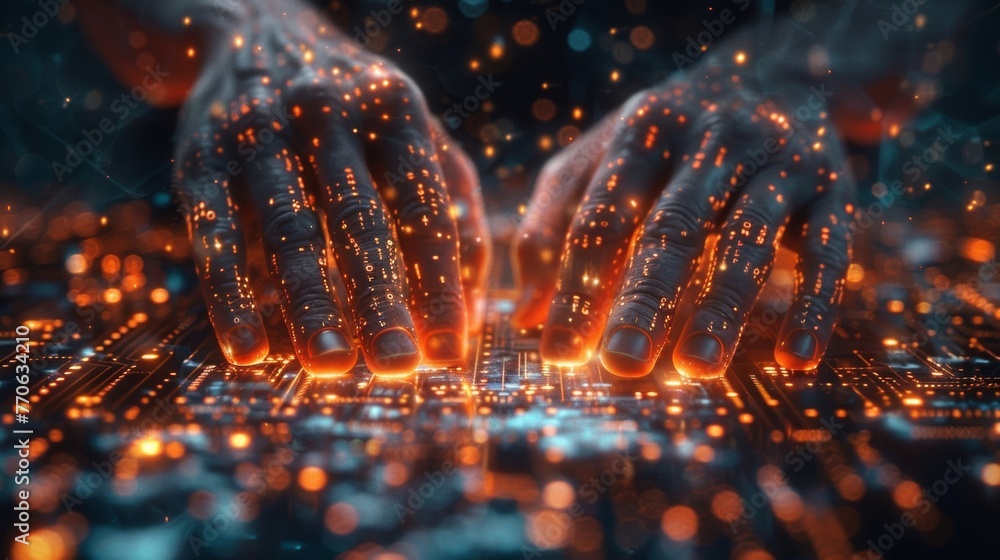 Aufkleber observing the intricate movements of a hacker's fingers as they strive to penetrate the defenses of 
