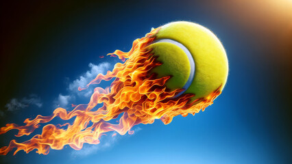 Tennis Ball on Fire Power Serve Blue Sky Backdrop - obrazy, fototapety, plakaty