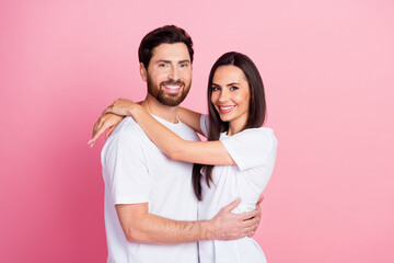 Photo portrait of nice young couple hugging support each other wear trendy white outfit isolated on...