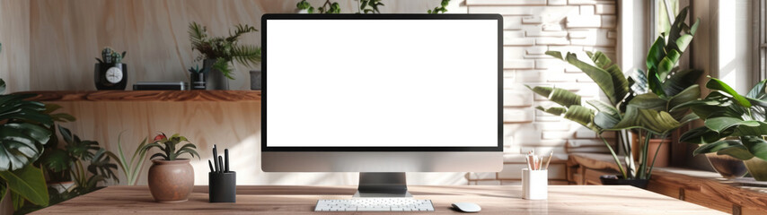 Blank screen monitor and wireless keyboard with mouse on a desk in a home office. Soft natural...
