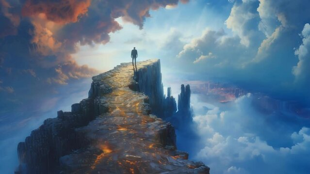 A person standing at a fork in the road with one path leading to a cityscape and the other to a mountain landscape representing the idea of quantum superposition and multiple