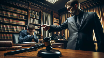 The moment of decision making in the courtroom with the judge and the defendant - obrazy, fototapety, plakaty
