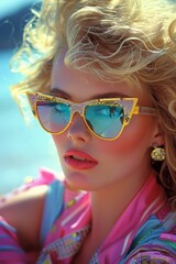 This image captures a stylish woman with decorative sunglasses on a bright sunny beach