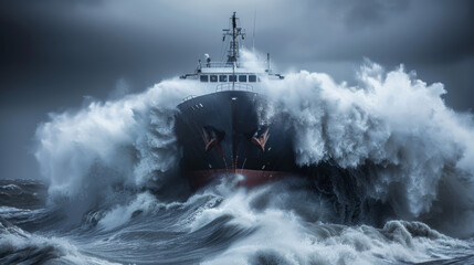 A cargo ship sails through giant waves amid a rainstorm, generative ai.