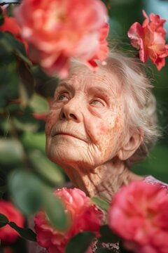 Portrait photo of gray-haired elderly woman in a rose garden. Vertical frame.