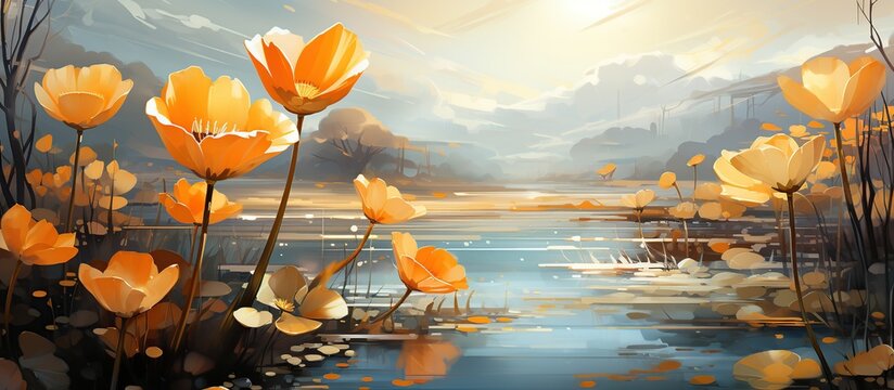 White lotus flowers on the water in the lake.