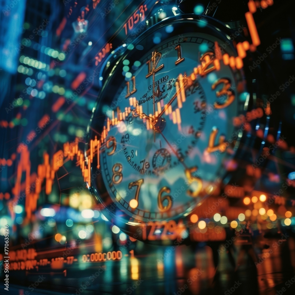 Poster the intertwining of a clock face and a stock market graph highlights the importance of timing within