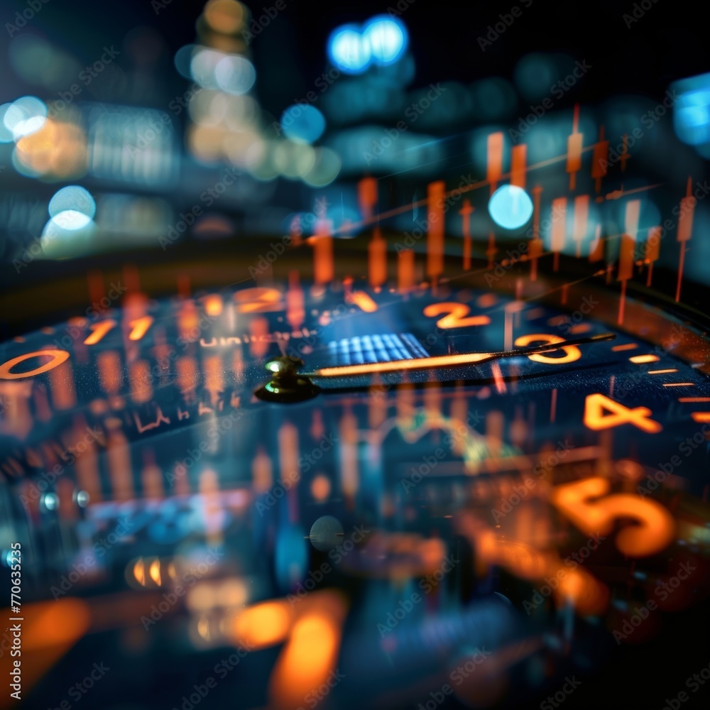 Poster the intertwining of a clock face and a stock market graph highlights the importance of timing within