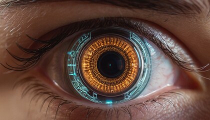 A close-up of a human eye transformed with cybernetic enhancements, featuring intricate digital interfaces signaling a fusion of technology and biology. - obrazy, fototapety, plakaty