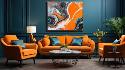 A living room with a large painting on the wall and orange furniture. The room has a modern and vibrant feel to it