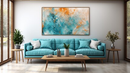 A blue couch is in a living room with a large painting on the wall. The painting is abstract and has a blue and orange color scheme. The room also has a coffee table and a potted plant