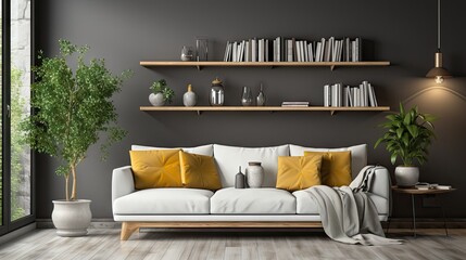 A living room with a white couch, a potted plant, and a large bookshelf filled with books. The room has a modern and minimalist design, with a focus on functionality and simplicity - obrazy, fototapety, plakaty