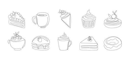 Dessert and pastry one line drawing. Sweet bakery products sketch for logo, cafe menu, sticker, banner design. Vector isolated set