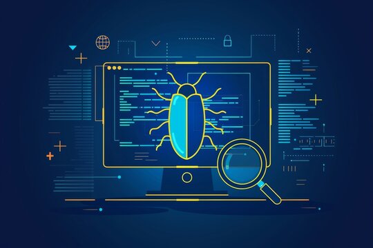 Troubleshooting concept highlighting software bugs on a computer program with a sleek outline design.