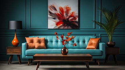 A blue couch is sitting in front of a wall with a painting of a flower. A vase with flowers is on...