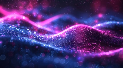 Sparkling neon lights illuminating the lively background with vibrant waves and glowing patterns, creating a dynamic and futuristic design in shades of violet and blue.