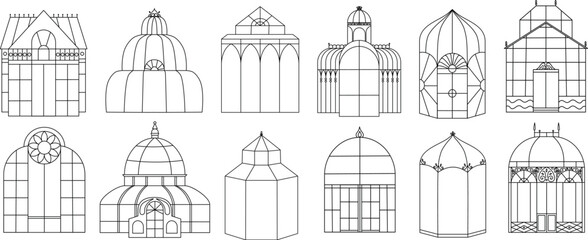 A set of vintage isolated greenhouses. Line illustration hothouses and orangery. - obrazy, fototapety, plakaty