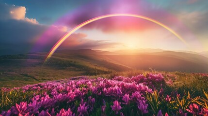 Vibrant rainbow arcs over a blooming meadow with a breathtaking mountain landscape during golden hour.