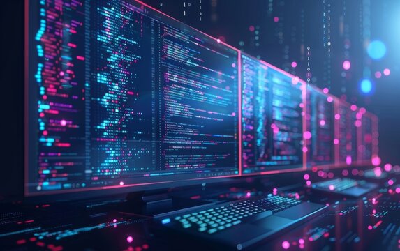 Abstract  illustration set depicting application software development concepts, including low-code development, e-commerce, quality assurance, bug fixing, and online shopping app coding.