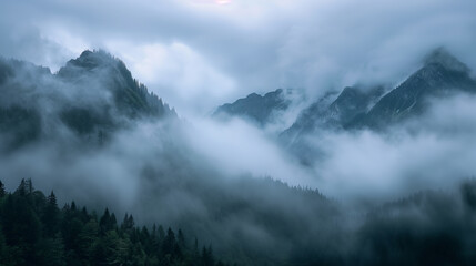 Misty mountain landscape with mountains in the foreground
