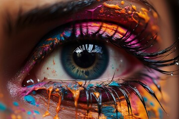 An extreme close up of a human eye surrounded by vibrant splashes and drips of colorful paint and ink.