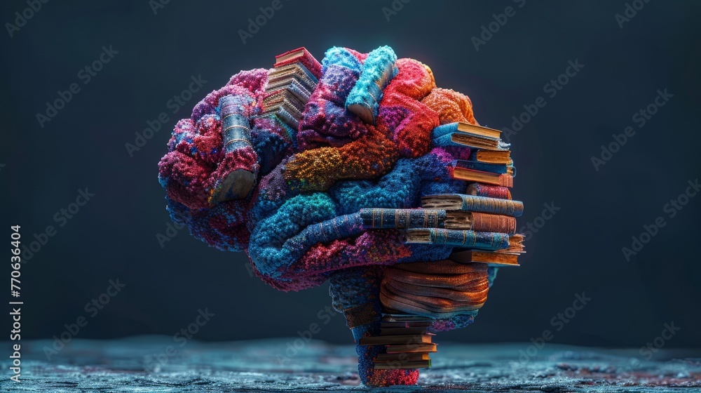 Poster vibrant depiction of a brain evolving from books to binary ai codes