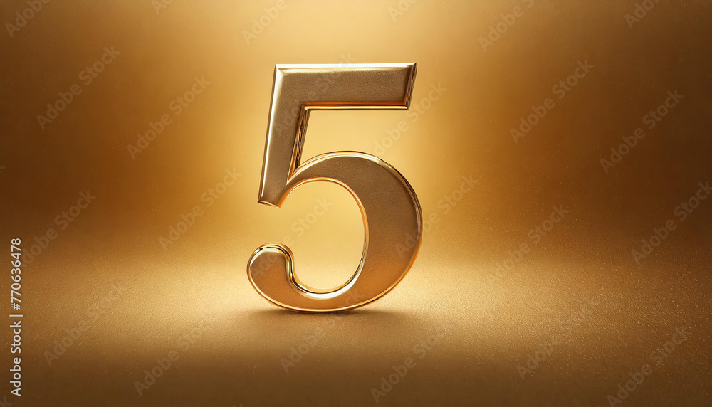 Poster golden number 5 on golden background with gradient and copy space. 3d rendering.