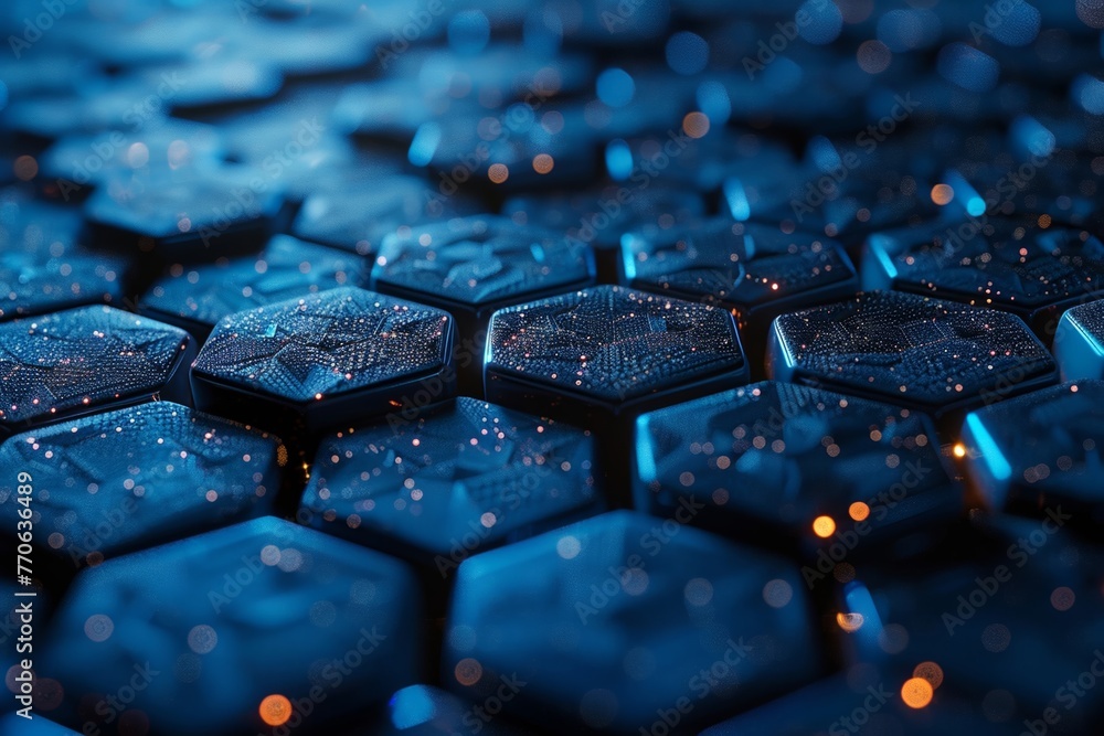 Poster innovative cybersecurity infrastructure featuring hexagonal layouts, showcasing cutting-edge technol
