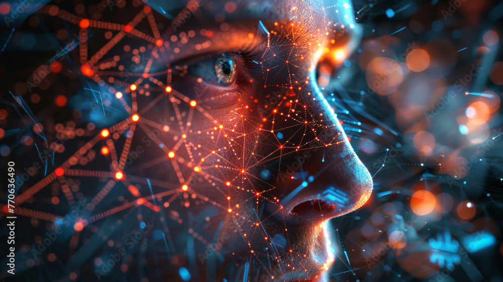 Poster close-up of a person's face overlaid with a network of glowing digital connections, representing con