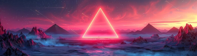 Glowing neon backdrop featuring geometric triangle design, Stunning border and alien terrain beneath starlit heavens and Stones. Cutting-edge, simple wallpaper. Made using Artificial Intelligence.