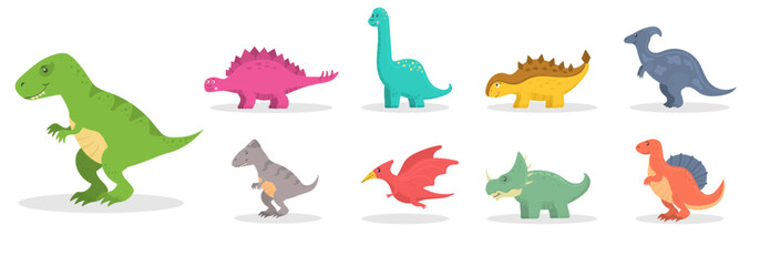 Cute dinosaur, funny ancient brontosaurus and green triceratops. Cartoon dinosaurs icon collection isolated on white background. Flat vector illustration in childish style.  © Little Monster 2070