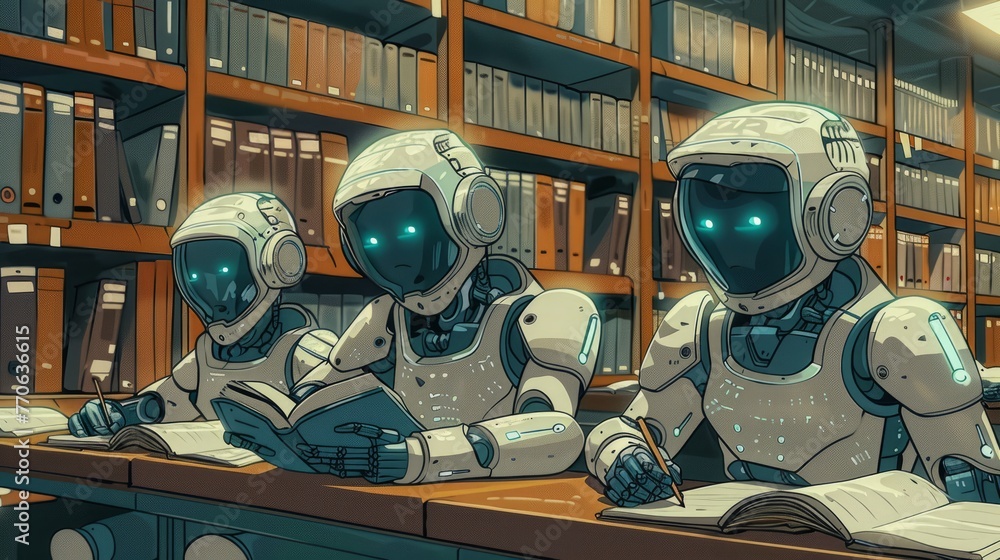 Poster ai robot reading a book in the library. collaboratively studying from a vast array of textbooks. mac