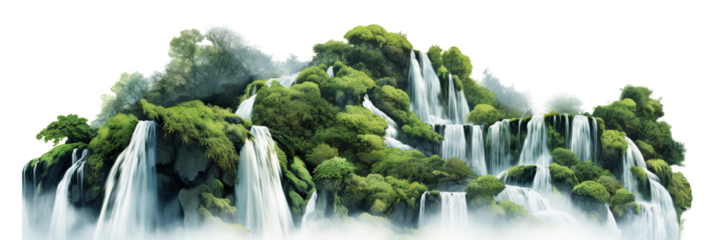 Cascading waterfalls in a lush green place, cut out