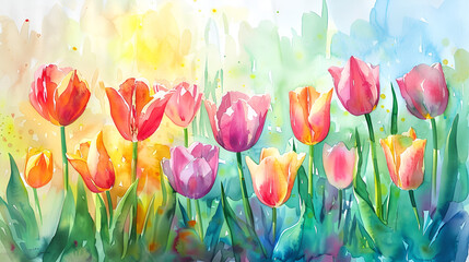 tulips on green background, painting art, generative ai