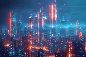 The future smart city serves as a technological and progressive hub, embodying the concept of a Metaverse cyber world. It symbolizes innovation and advancement through AI-generated systems. - obrazy, fototapety, plakaty