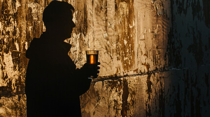 A persons shadow against a wall holding a drink battling internal demons. - obrazy, fototapety, plakaty