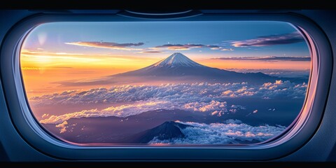 Naklejka premium Flight into wonder: A unique window frames Mount Fuji in full splendor, bathed in sunrise glow