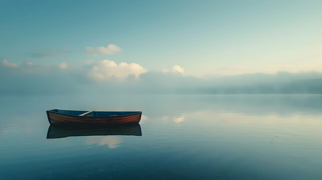 Across a tranquil lake, a lone boat drifts, leaving behind a wake of delicate curves and intersecting lines mirrored in the water, a scene of serene movement frozen in time