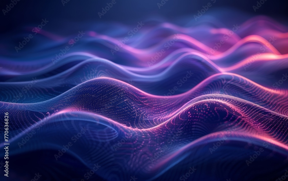 Poster digital technology background featuring smooth wavy blue and purple lines in abstract curved pattern