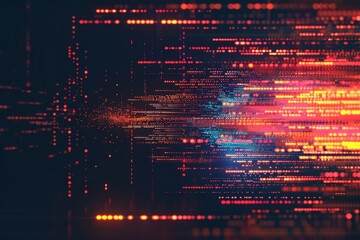 Digital background featuring distorted computer code fragments and glowing pixels. Dark screen displaying glitch effect and technical malfunction, indicating a software error or bug.