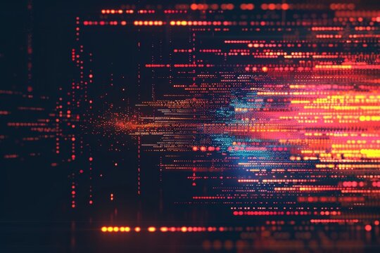 Digital background featuring distorted computer code fragments and glowing pixels. Dark screen displaying glitch effect and technical malfunction, indicating a software error or bug.