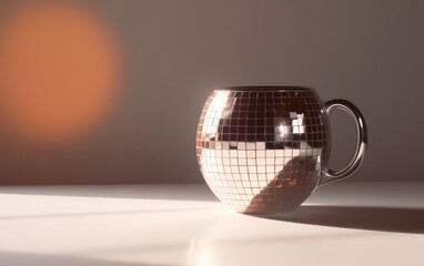 disco ball with glare, in the shape of a coffee mug, on a light background, minimalism, space for text 