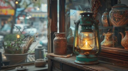 Nostalgic Illumination Vintage Kerosene Lantern with Green Glass Emitting Warm Light, Adding Charm to Cozy Antique Shop
