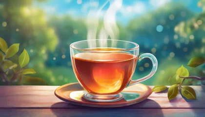 Selbstklebende Fototapeten cup of  hot orange tea on table, against the garden and light blue sky. © Phaphassorn