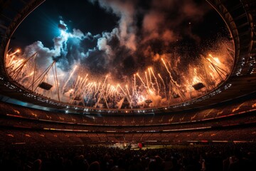 runner carrying the olympic flame amidst a grand display of fireworks and cheering crowds during the summer olympic games opening ceremony